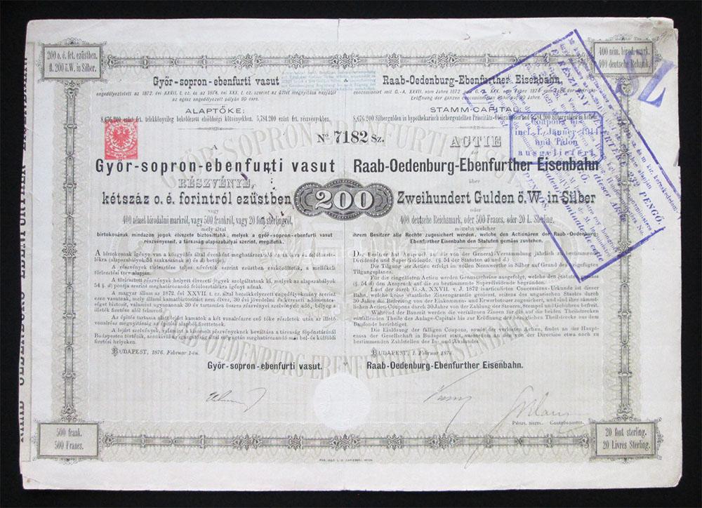 GYSEV Gy�r-Sopron-Ebenfurti Vas�t alap�t�i r�szv�ny 1876